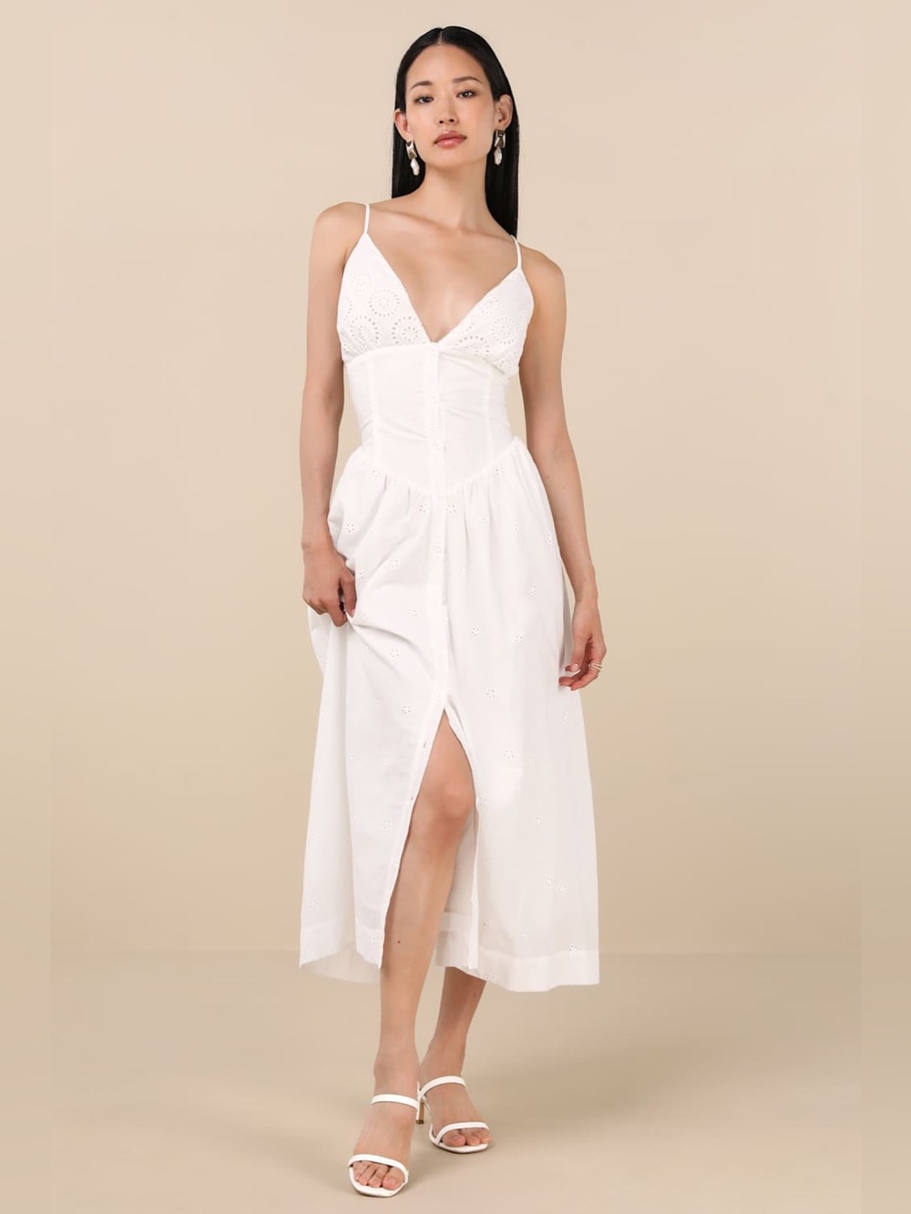 Lulu’s Zahrah Eyelet Embroidered Button Front Midi Dress